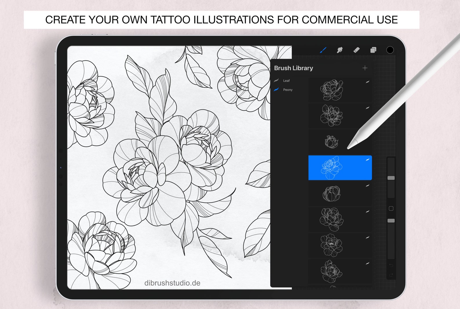 Procreate - 100 Peony Tattoo Stamps - Commercial Use, Procreate Brushes ...