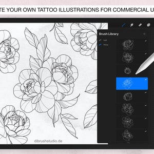 Procreate - 100 Peony Tattoo Stamps - Commercial Use, Procreate Brushes ...