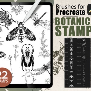 22 Procreate Brushes - Botanical Stamps - Bug Flower Tattoo Floral Wildlife Animal Insects Nature