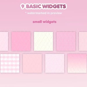 May include: Nine pink and white patterned squares with a title that reads "9 BASIC WIDGETS * watermarked in preview" and "small widgets".
