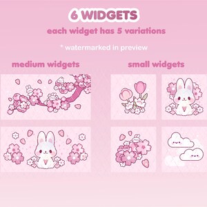 May include: Six digital widgets featuring a pink and white bunny rabbit with cherry blossoms. The widgets are available in two sizes: medium and small. The text "6 WIDGETS" and "each widget has 5 variations" is displayed at the top of the image.
