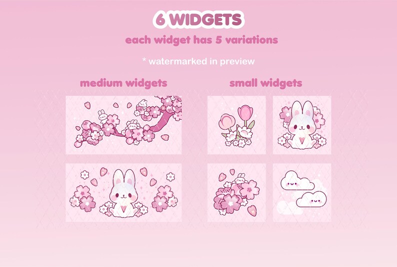 May include: Six digital widgets featuring a pink and white bunny rabbit with cherry blossoms. The widgets are available in two sizes: medium and small. The text "6 WIDGETS" and "each widget has 5 variations" is displayed at the top of the image.
