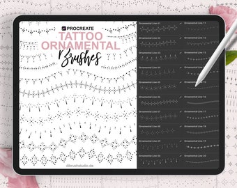 May include: A digital tablet screen displaying a set of 20 Procreate tattoo ornamental brushes. The brushes are displayed in rows, with each brush labelled "Ornamental Line" followed by a number. The brushes are black and white and feature various decorative patterns.