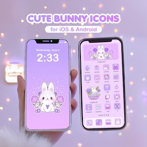 Könnte beinhalten: Zwei Smartphones mit einer lila Benutzeroberfläche und niedlichen Hasensymbolen für iOS und Android. Die Bildschirme zeigen eine Illustration eines weißen Hasen, umgeben von lila Blumen, mit dem Text CUTE BUNNY ICONS for iOS & Android.