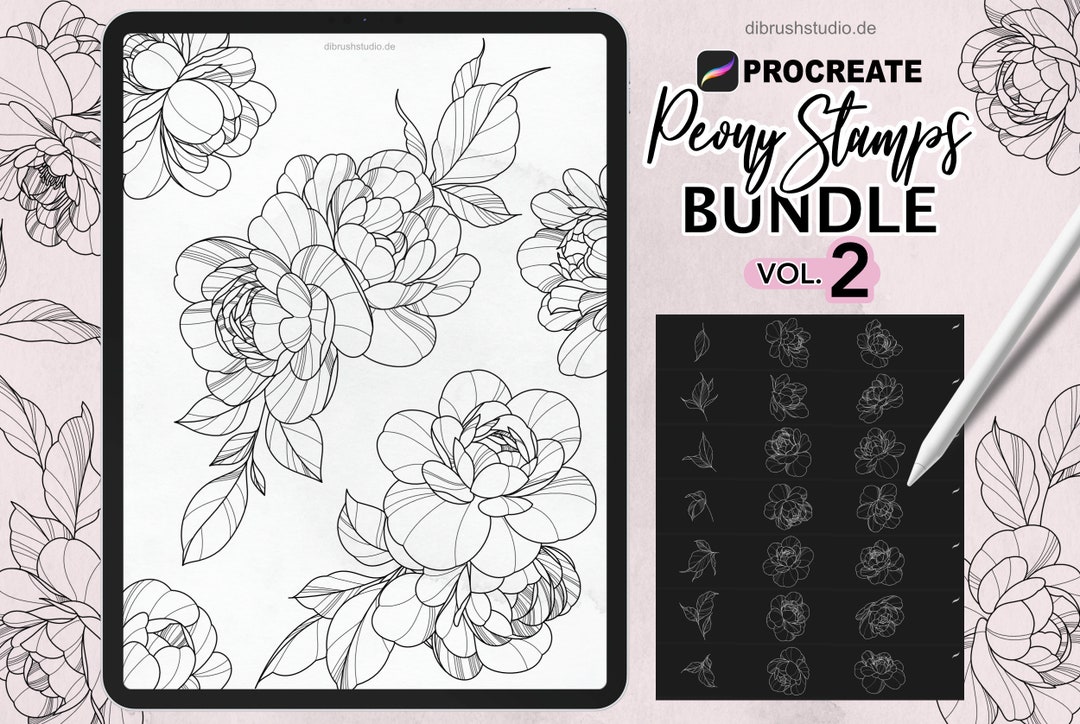 Procreate - 100 Peony Tattoo Stamps - Commercial Use, Procreate Brushes ...