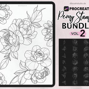 Procreate - 100 Peony Tattoo Stamps -  Commercial Use, Procreate Brushes