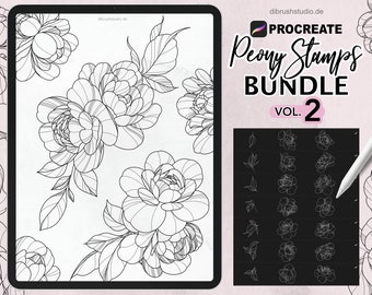 Procreate - 100 Peony Tattoo Stamps -  Commercial Use, Procreate Brushes