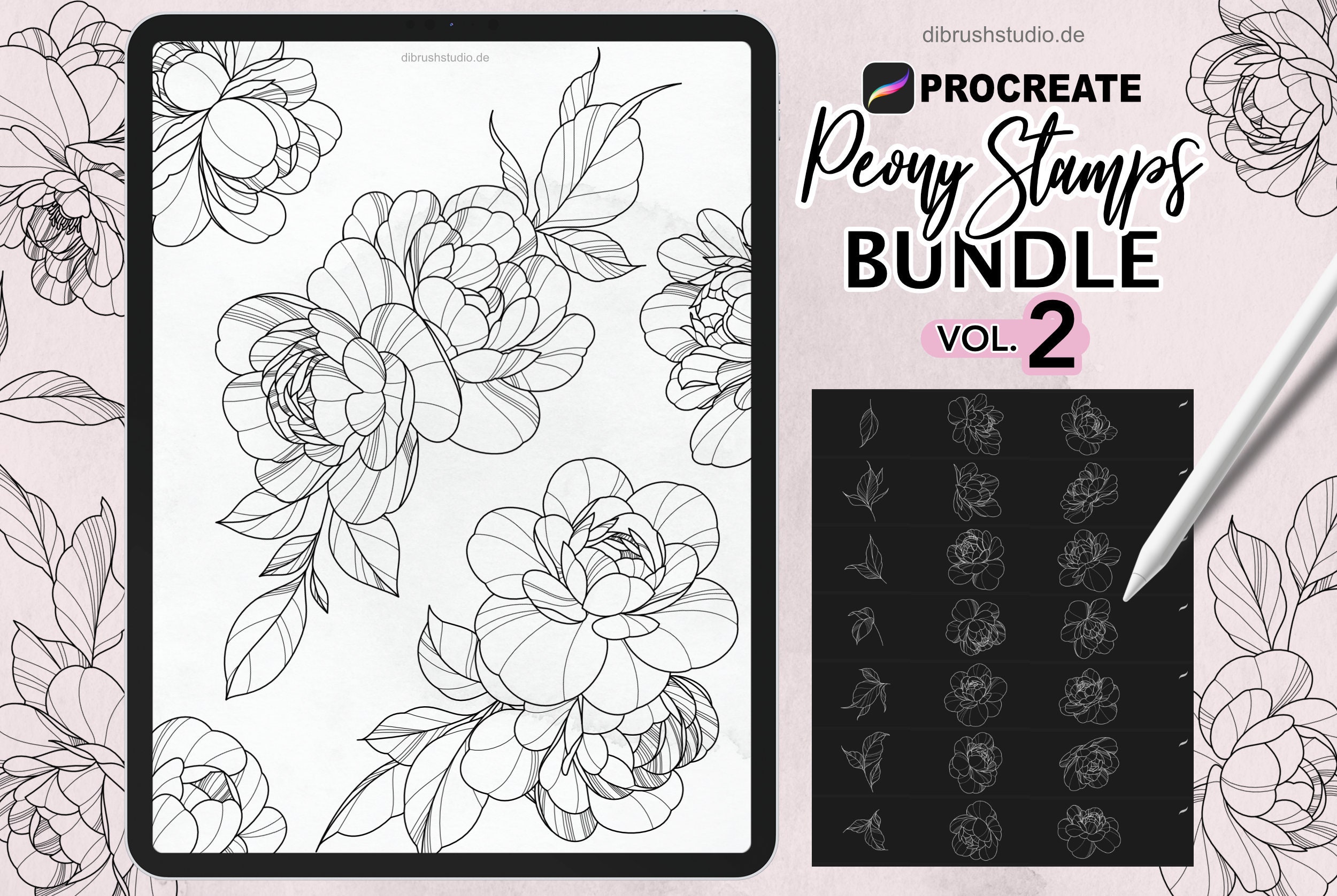 Procreate - 100 Peony Tattoo Stamps - Commercial Use, Procreate Brushes ...