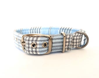 Baby Blue Tartan Dog Collar with Premium Fixings/Handmade to order in Cornwall/UK