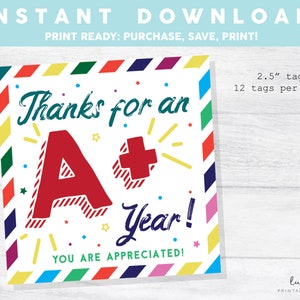 Teacher Appreciation Gift Tag, Teacher Appreciation Week, Thank You Tag, Teacher Gift Tag, Teacher Cookie Tag, A+ Year