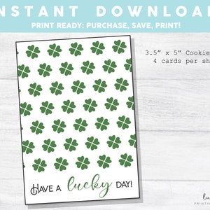 Printable Mini Cookie Card - 3.5&quot; X 5&quot; Happy St. Patty&#39;s Day Printable Cookie Card, Shamrock Lucky Cookie Packaging Mini Cookies