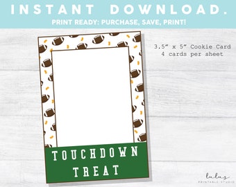 Voetbalkoekjeskaart, Superbowl-koekjeskaart, touchdowntraktaties, voetbalfeest, afdrukbare minikoekjeskaart