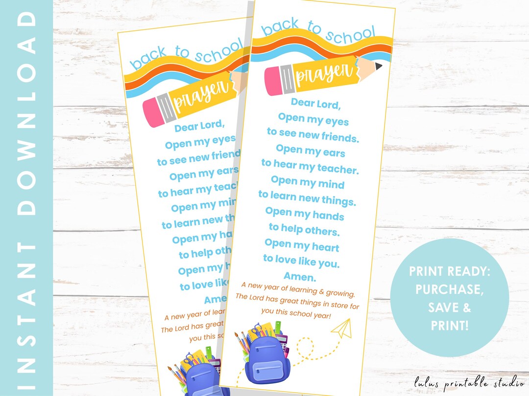 First Day of School Prayer Bookmark, Backpack Blessing Bookmark, Back ...