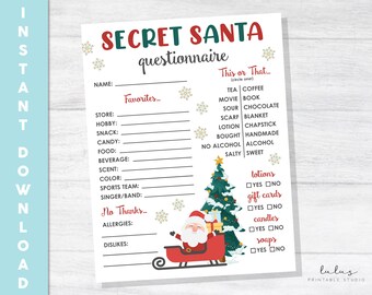 Secret Santa vragenlijst afdrukbaar, Secret Santa digitaal downloadformulier, Secret Santa voor werk, Secret Santa cadeau verlanglijstje, vakantiefeest