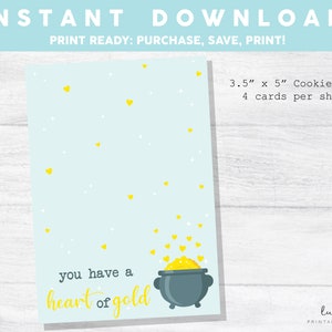 Printable Mini Cookie Card  3.5&quot; X 5&quot; Happy St. Patty&#39;s Day Cookie Card, Pot of Gold Heart of Gold Cookie Packaging Mini Cookies