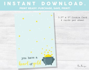 Printable Mini Cookie Card  3.5" X 5" Happy St. Patty's Day Cookie Card, Pot of Gold Heart of Gold Cookie Packaging Mini Cookies