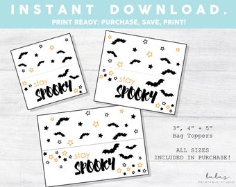 Stay Spooky Halloween Treat Candy Goody Bag Topper, Printable Halloween Party Favor Bags, Kids Halloween Trick or Treat Bags, Bats, Stars