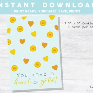 Printable Mini Cookie Card  3.5&quot; X 5&quot; Happy St. Patty&#39;s Day Cookie Card, Heart of Gold Cookie Packaging Mini Cookies