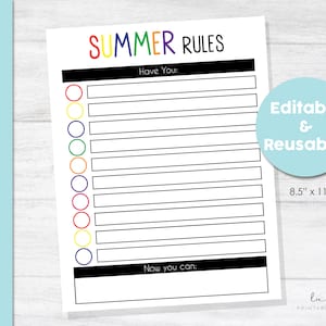 Printable & Editable Summer Screen Time Chart, Screen Time Checklist, Screen Time Rules