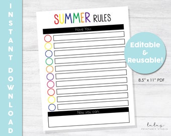 Afdrukbare en bewerkbare zomerschermtijdgrafiek, checklist voor schermtijd, regels voor schermtijd