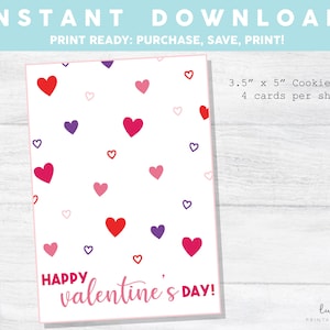 Printable Mini Cookie Card- 3.5&quot; x 5&quot; Happy Valentine&#39;s Day, Cookie Packaging Mini Cookies - Pink and Purple Hearts