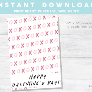 Printable Mini Cookie Card- 3.5&quot; x 5&quot; Happy Valentine&#39;s Day  Happy Galentine&#39;s Day Cookie Packaging Mini Cookies Hugs & Kisses