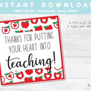 Thanks for Putting your Heart into Teaching SQUARE TAG, Teacher Valentine Tag, Printable Cookie Tag, Instant Download