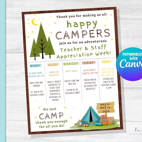 EDITABLE Teacher Appreciation Week Itinerary, Printable Happy Campers Digital File, Happy Campers, Camping theme