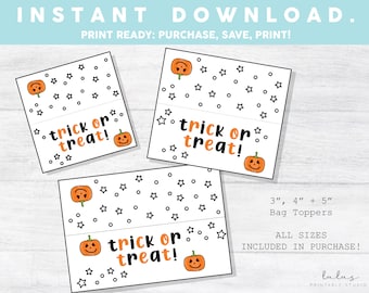 Trick or Treat Pumpkin Halloween Treat Candy Goody Bag Topper, Printable Halloween Party Favor Bags, Kids Halloween Trick or Treat Bags