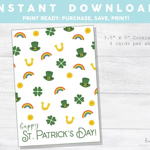Printable Mini Cookie Card - 3.5&quot; X 5&quot; Happy St. Patty&#39;s Day, Shamrocks Rainbows Cookie Packaging Mini Cookies