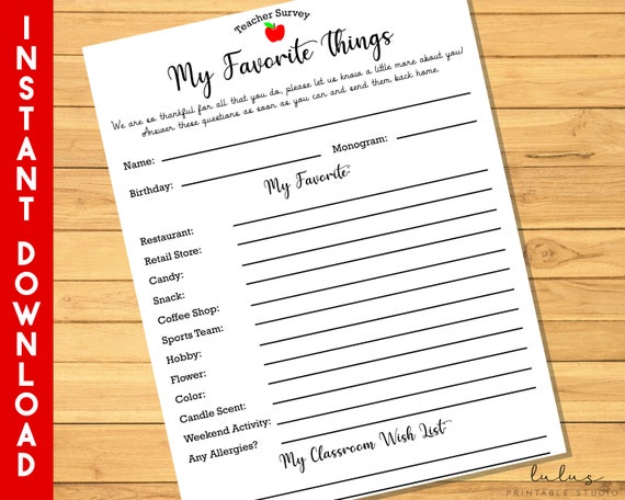 Teacher Survey Printable Teacher's Favorite Things - Etsy