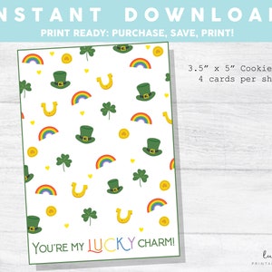 Printable Mini Cookie Card  3.5&quot; X 5&quot; Happy St. Patty&#39;s Day, You&#39;re My Lucky Charm Cookie Packaging Mini Cookies Shamrock Rainbow
