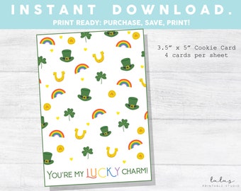 Printable Mini Cookie Card  3.5" X 5" Happy St. Patty's Day, You're My Lucky Charm Cookie Packaging Mini Cookies Shamrock Rainbow