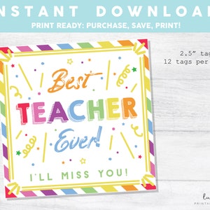 Last Day of School, End of the Year Teacher Tag, Teacher Appreciation Gift Tag, Best Teacher Ever, Thank you tag, Teacher Cookie Tag