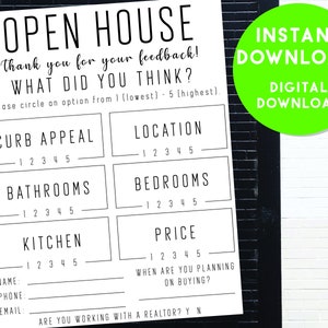 May include: Black and white open house feedback form with a green "Instant Download" and "Digital Download" banner. The form asks for feedback on curb appeal, bathrooms, kitchen, location, bedrooms, and price. It also asks if the person is working with a realtor and when they are planning on buying.