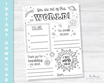 Je bent niet van deze wereld leraar waarderingsbrief, dank je wel leraar kleurplaat, ruimte, kleurplaat, afdrukbare digitale download