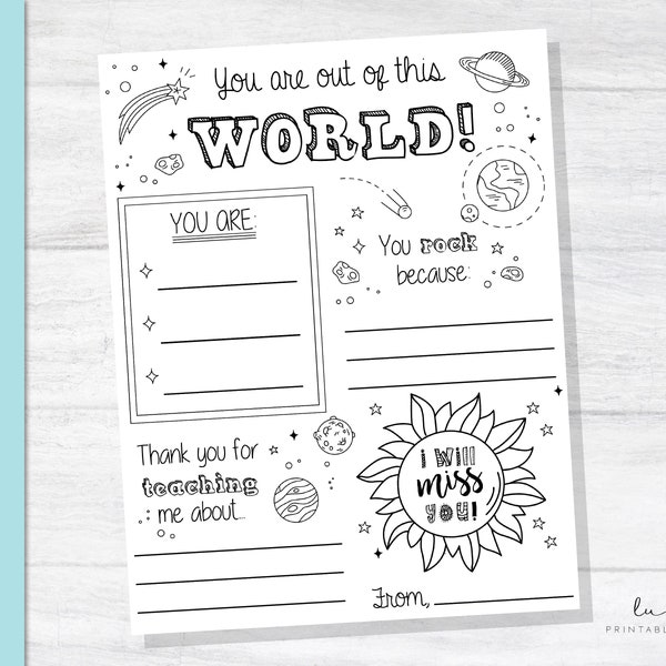 You're Out of this World Teacher Appreciation Letter, Thank You Teacher Coloring Page, Space, Coloring Page, Digital Download Printable