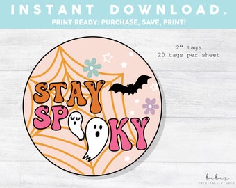Afdrukbare 2" ronde Halloween Cookie Tag, Retro Spooky Vibes roze oranje Ghosts Tag Fall Cookies Square Tag Goodie tag, Stay Spooky