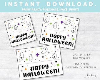 Happy Halloween Treat Candy Goody Bag Topper, Printable Halloween Party Favor Bags, Kids Halloween Trick or Treat Bags, Ghost Bag Topper