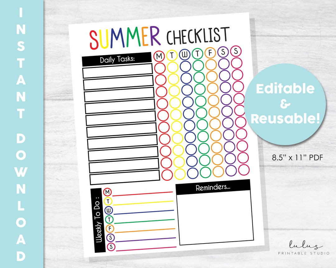 Printable & Editable Summer Daily and Weekly Kids Responsibility Chart ...