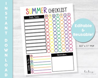 Afdrukbare en bewerkbare zomer dagelijkse en wekelijkse verantwoordelijkheidsgrafiek voor kinderen, zomerchecklist, Kid Chore Chart, weekklusjes, dagelijkse klusjes