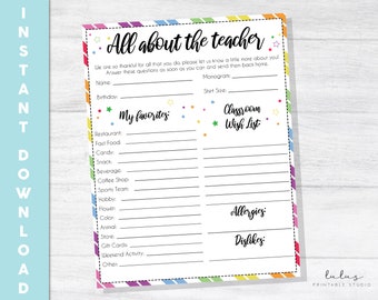 Alles over de lerarenvragenlijst, lerarenenquête, favoriete dingen van de leraar, alles over de leraar, waardering voor leraren