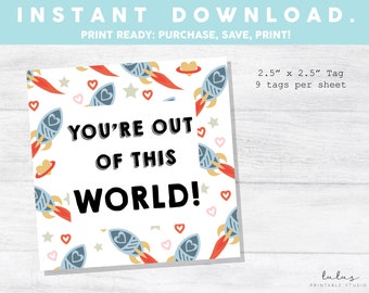 You're Out of this World SQUARE TAG, afdrukbare tag voor koekjes, valentijnskaartje, valentijnskaartje