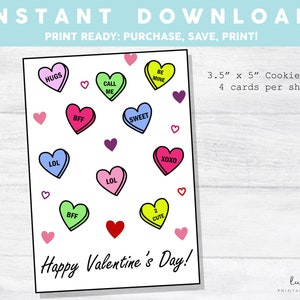 Printable Mini Cookie Card- 3.5&quot; x 5&quot; Happy Valentine&#39;s Day Conversation Hearts, Cookie Packaging Mini Cookies