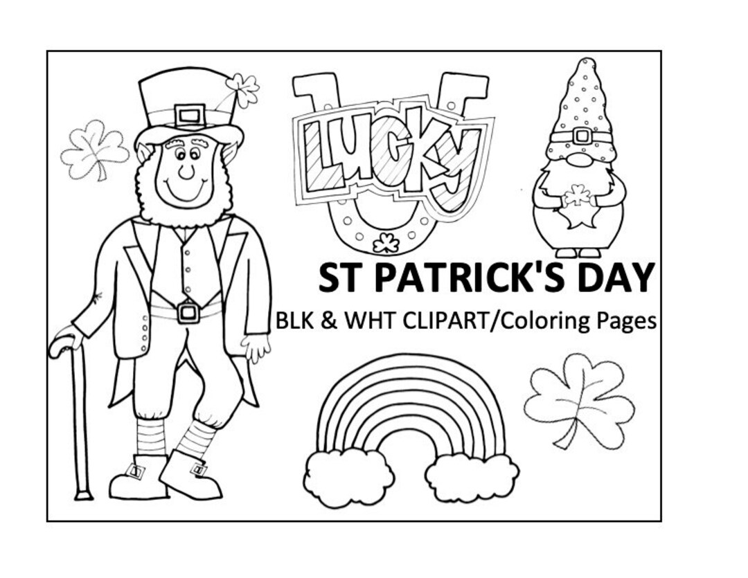 St Patricks Day Coloring Pages / Black & White Clipart, Digital