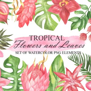 Tropical Flowers And Leaves Clipart, Watercolor Hawaii Clip Art, Summer Beach Wedding Invitations, Instant Download PNG 160