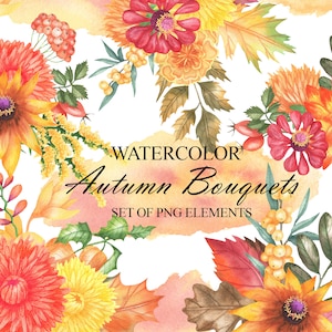 Aquarell Herbst Blumensträuße Clipart, Herbst Blumen und Blätter Floral Clipart, Botanische Clip Art, Hochzeitseinladung PNG 189