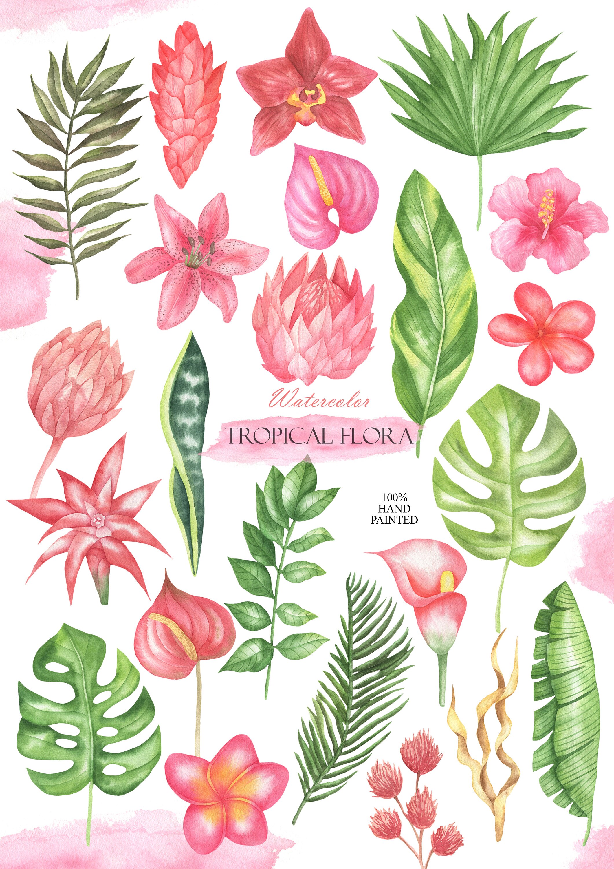 Flamingo Clipart Watercolor Tropical Pink Flowers and Leaves - Etsy