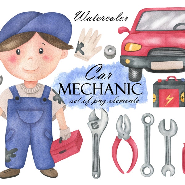 Aquarelle Car Mechanic Clipart, Auto Mechanic Clip Art, Réparation automobile, Outils pour la voiture, Service automobile, Profession aquarelle PNG 272