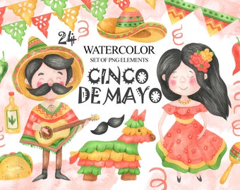 Watercolor Cinco de Mayo Clipart, Mexican Fiesta PNG (Digital Download)